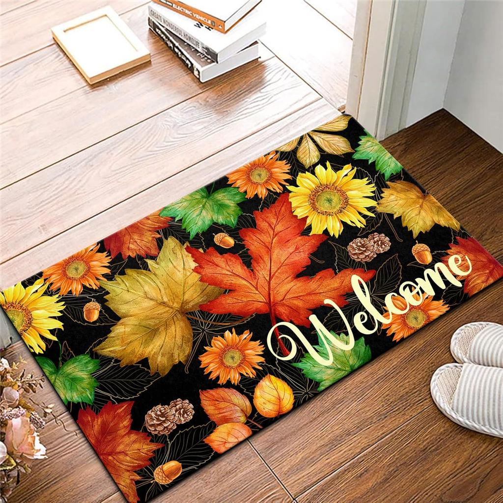 Autumn Maple Leaves Welcome Doormat Non-Slip Machine Washable Carpet For Living Room Bedroom Bathroom Kitchen And Laundry Rug