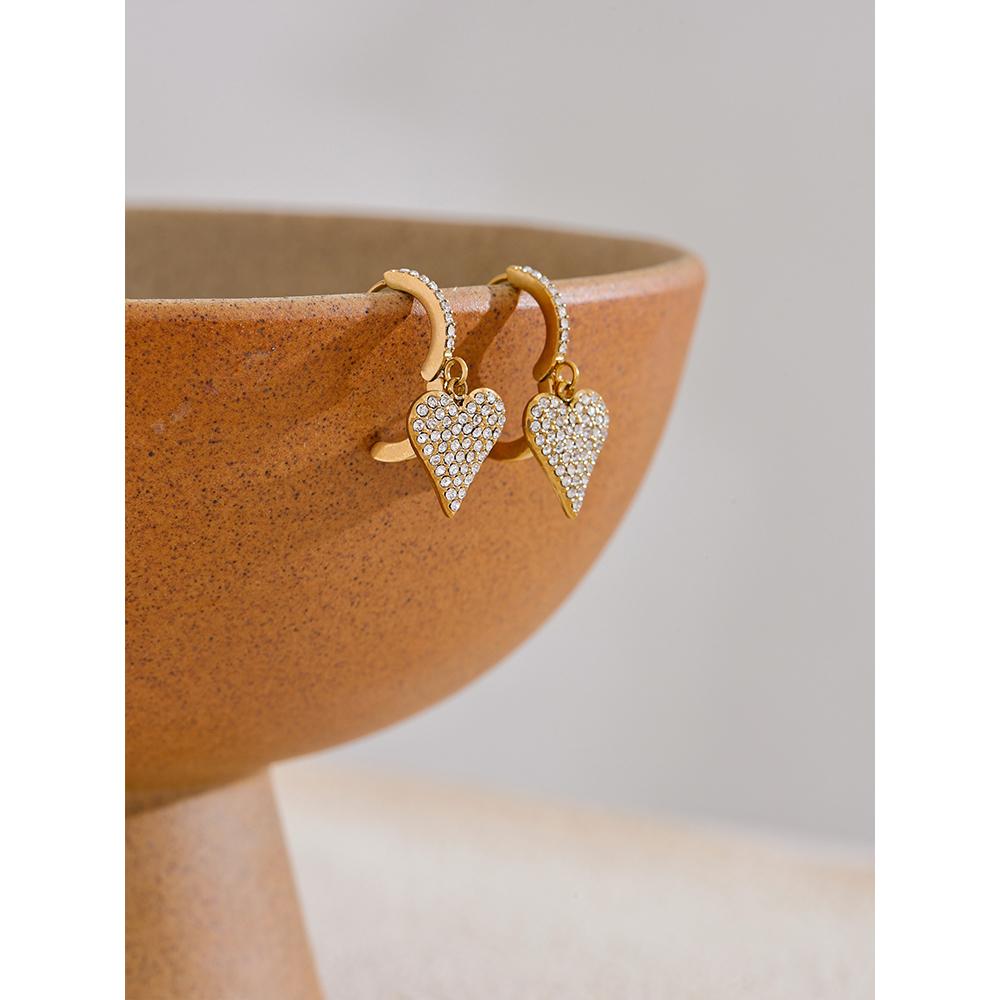 Eetit Luxury Shiny Cubic Zirconia Heart Love Drop Hoop Earrings for Women Stainless Steel Fashion Temperament Jewelry Gift