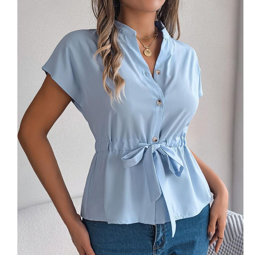 Women's Loose Casual Solid Color Button Drawstring Short Sleeved Shirt Top Short Sleeved Shirt Top