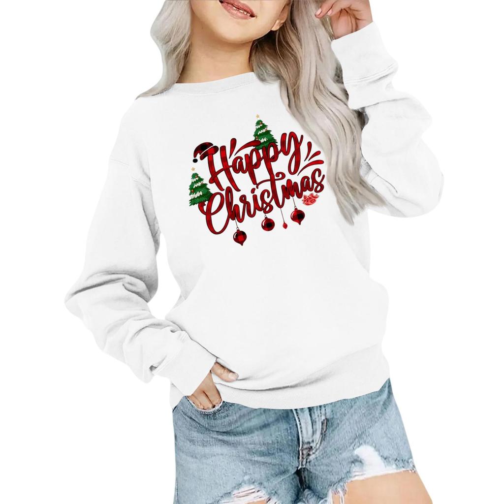 Kids' Fashion Loose-Fit Casual Long-Sleeve Christmas Print Oversized Crewneck Sweatshirt