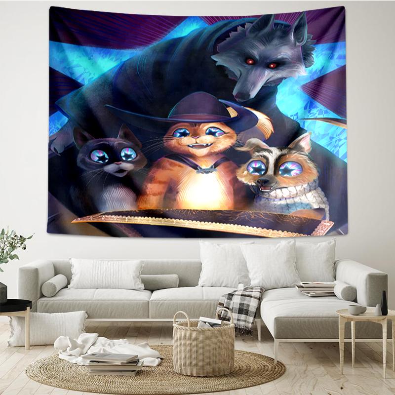 Puss In Boots Print Tapestry, Backdrop, Easy Setup, Ideal for Bedroom, Office & Living Room, with Aesthetic Wall Hanging Decor.