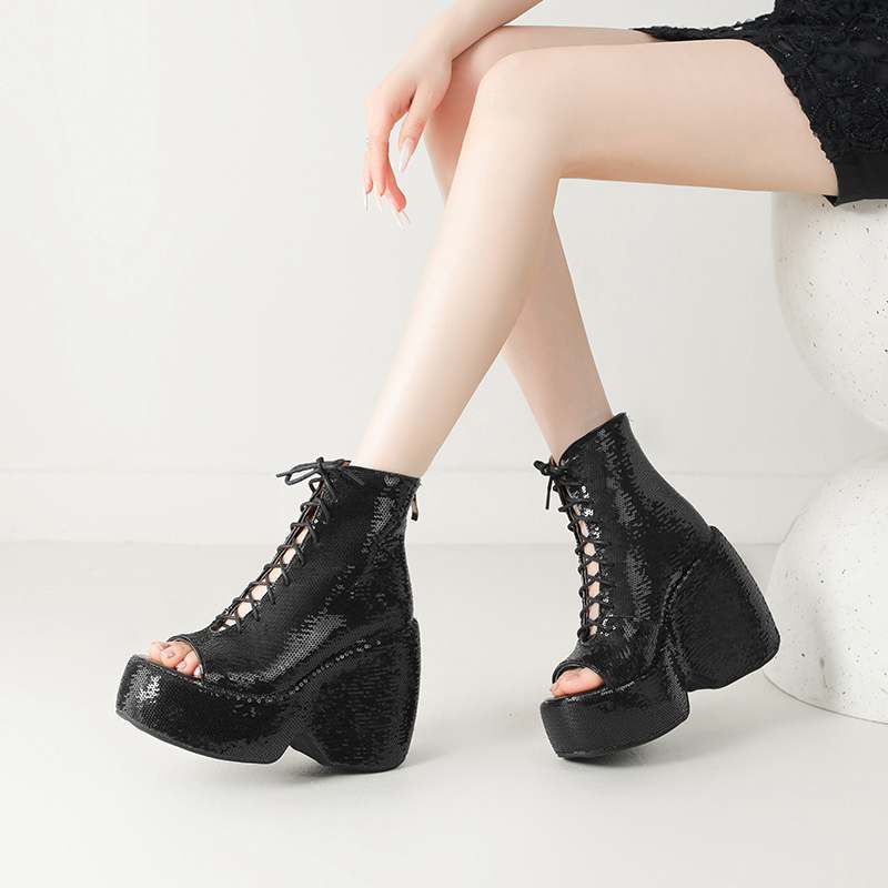 Krazing Pot Блестящая ткань весна лето размер 43 размер 42 женские платформы женские открытый носок сексуальные летние сапоги на шнуровке туфли-лодочки