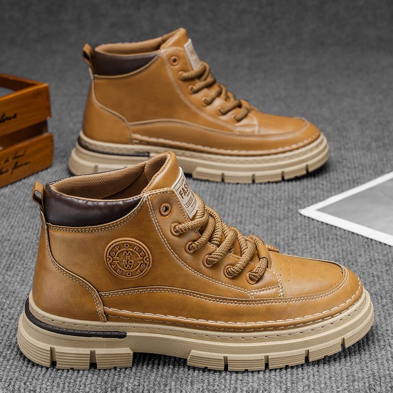 Men's High-top British Style Vintage Genuine Leather Casual Leather Shoes, Mid-top Waterproof Work Boots.
