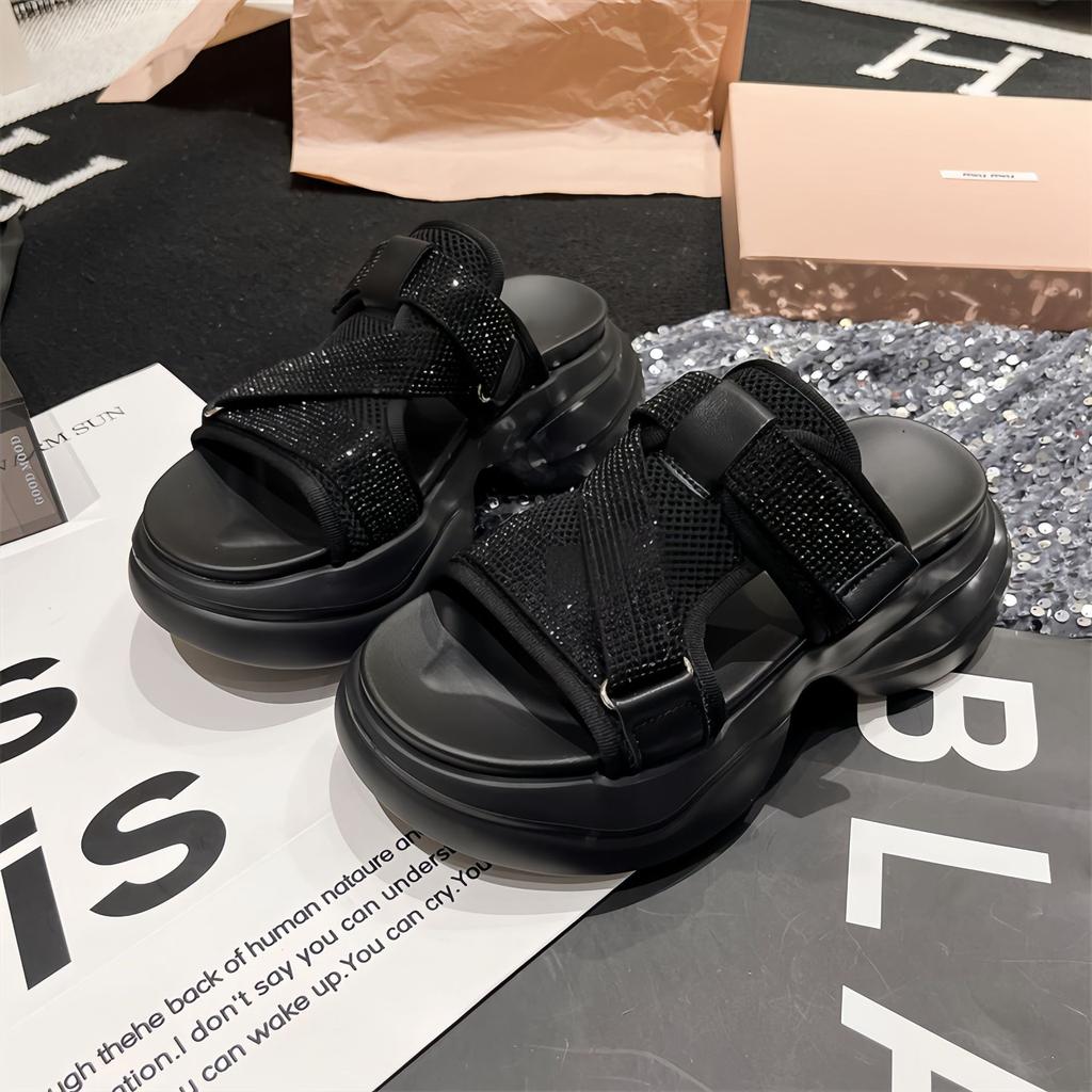 Летние повседневные сандалии со стразами на толстой подошве женские римские повседневные сандалии для улицы повышающие комфорт легкие спортивные сандалии на плоской подошве