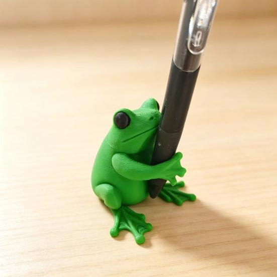 3D Printed Cute Frog Pen Holder, Bright Green Pen Stand with Pen-Grabbing Structure, Anti-Slip Desktop Organizer for Pens & Makeup Brushes, Creative