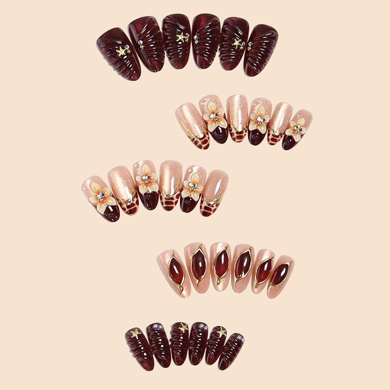 Retro Brown Wear Nails 3D Flower Embossed Metal Gilt Leopard Print Almond Fake Nails