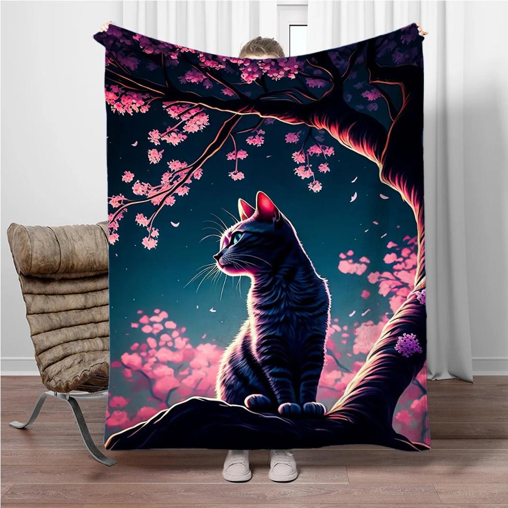 Cats Cherry Blossom Flannel Blanket Children Warm Soft Blanket for Sofa Bed Cover Blanket Suitable for Birthday Souvenir Gifts