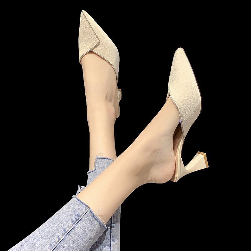 Модные сетчатые красные полутапочки Baotou, женская одежда, летняя новинка 2024 года, фея фэн, стразы, острый толстый каблук, женская обувь на высоком каблуке