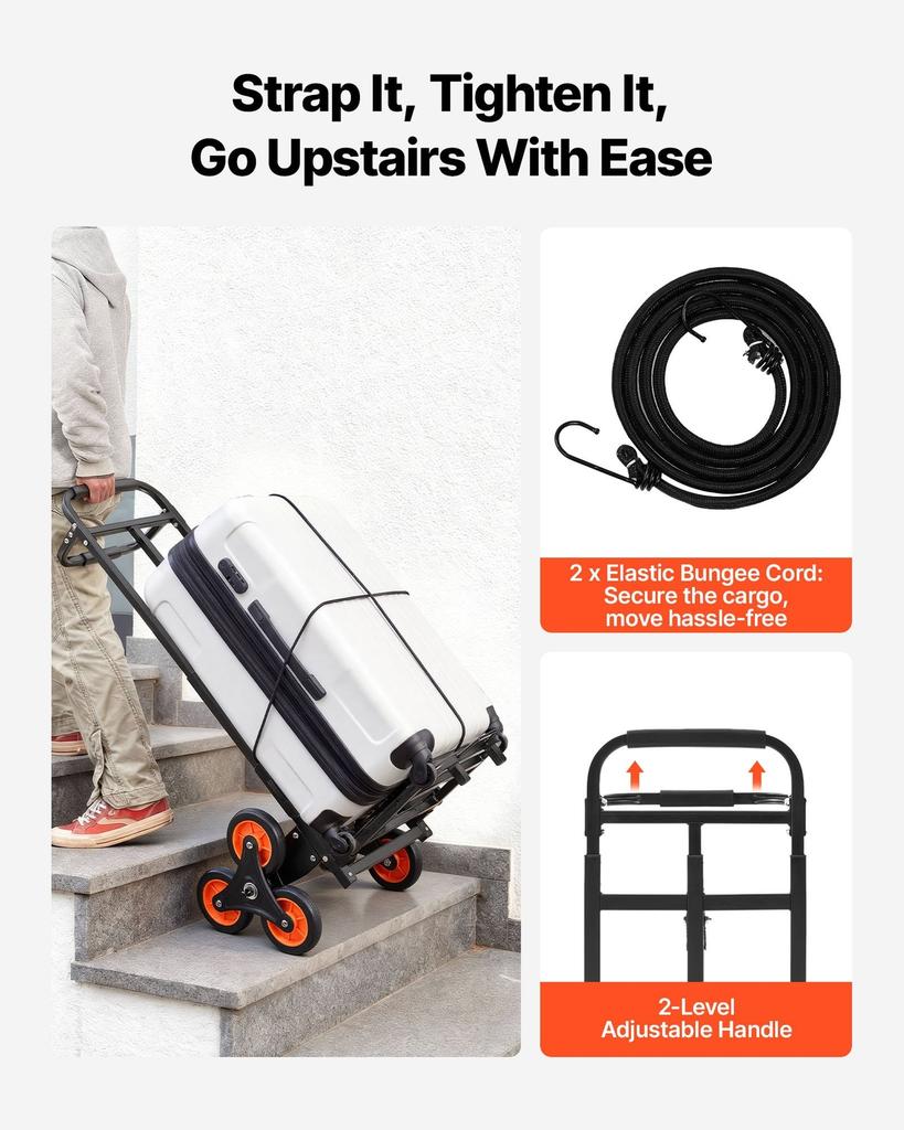 Stair Climbing Cart, 100 kg Stair-Climbing Capacity, Heavy-Duty Folding Trolley Cart with Telescoping Handle, 6 Wheels and 2 Bungee Cords, Stair