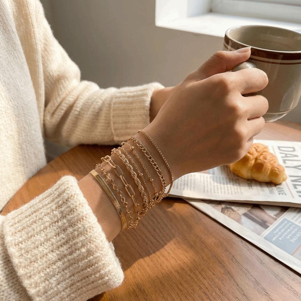 10Pcs/set Vintage Style Snake Chain Bracelet Flat Chain Multi-layer Bracelet  Casual Wear