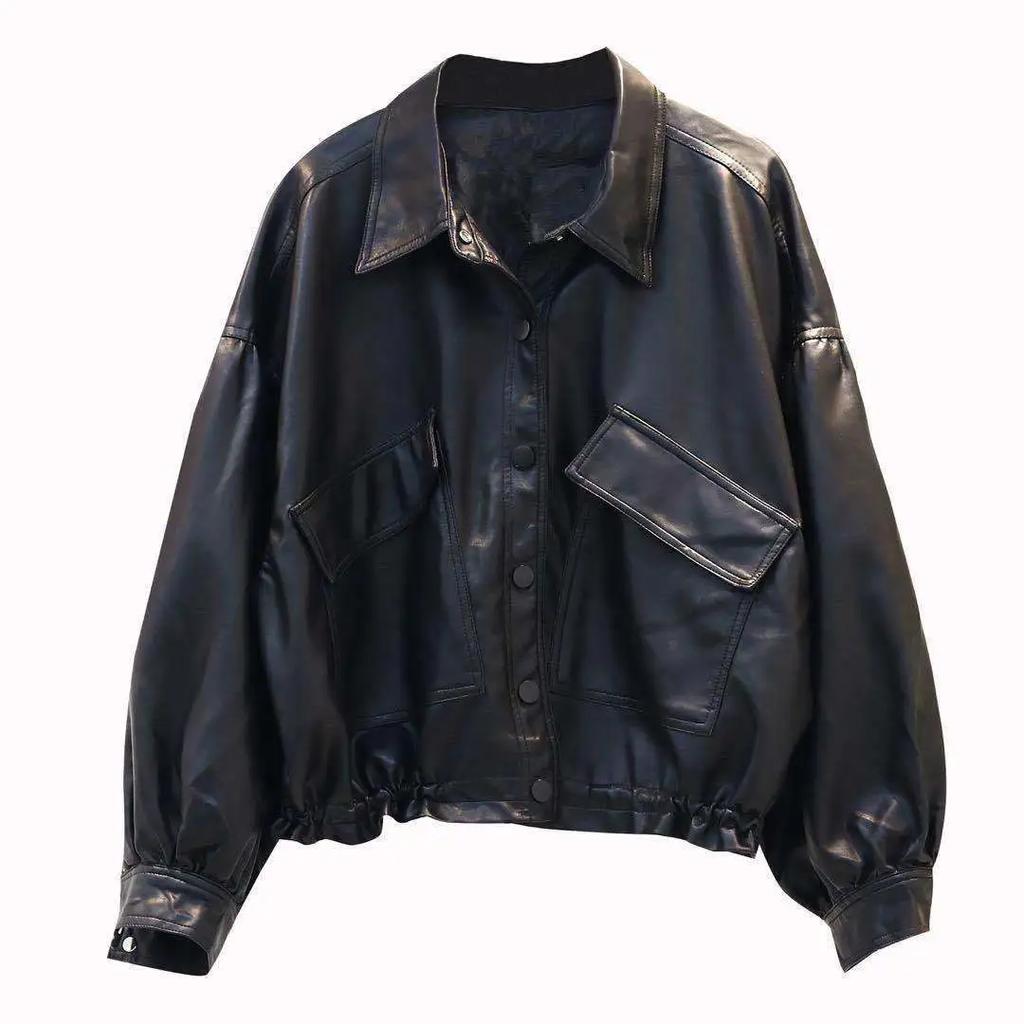 Ladies Spring and Autumn Solid Color Loose PU Jacket Short Lapel Long-sleeved Jacket