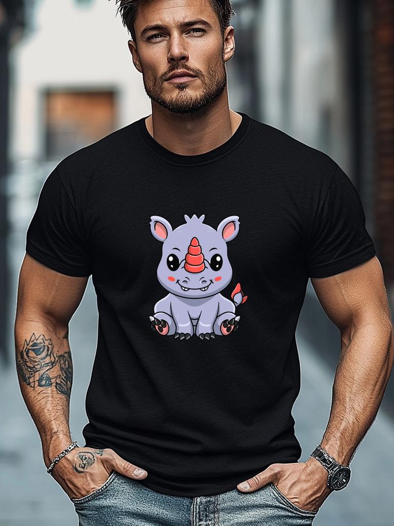 Plus-Size Men'S T-Shirt, Easy And Stylish, Relaxed And Casual, Featuring a Cute Cartoon Rhino Design for Summer Leisure with a Round Neck And Short Le