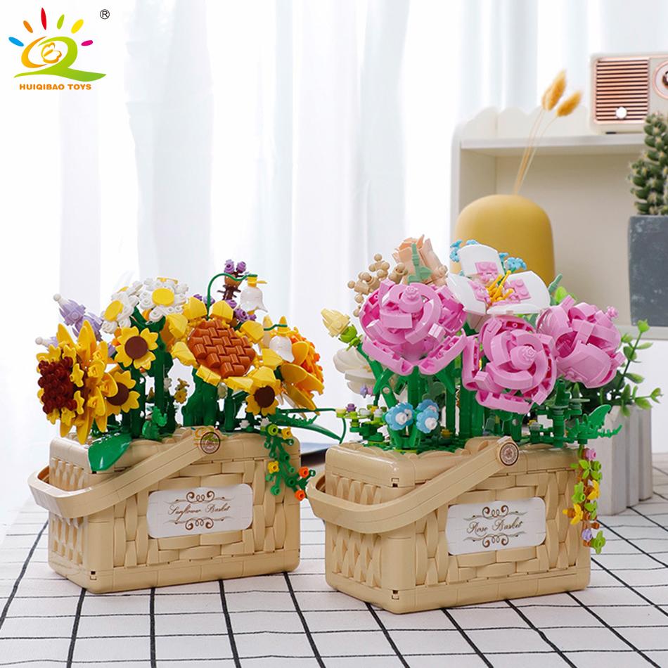Flower Rose Sunflower Potted Mini Building Blocks 3D Bouquet Model MOC Micro Bricks Children Construction Toys Friend