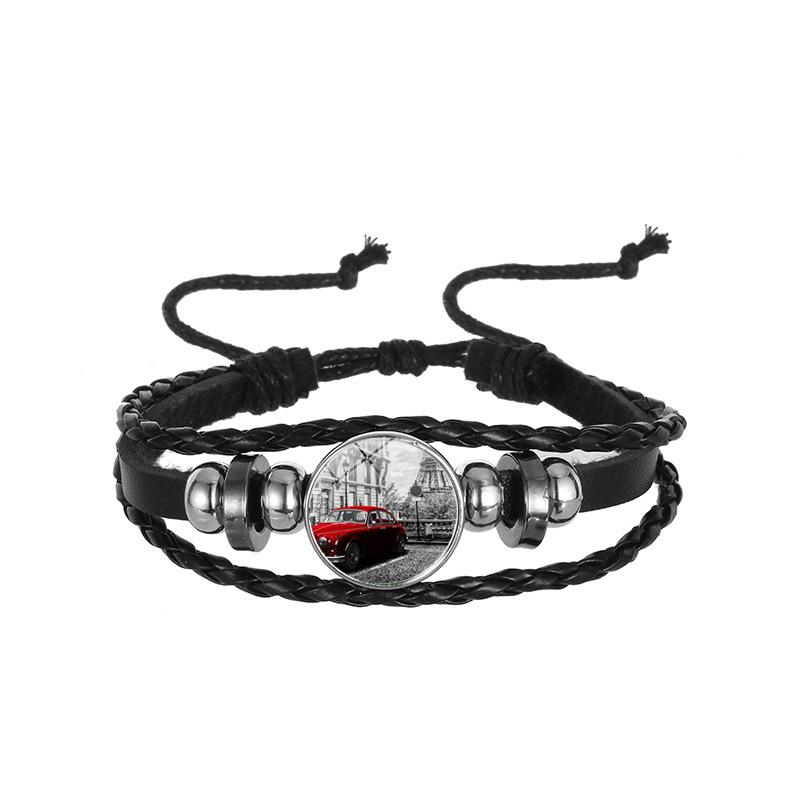 Eiffel Tower Time Gem Bracelet, Black Woven Leather Cord Wristband Wholesale