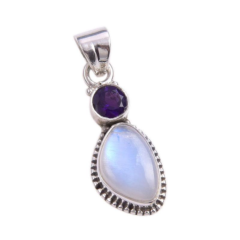 Natural Rainbow Moonstone, Amethyst Gemstone 925 Solid Silver Pendant 1.50" G0c72