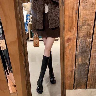 Новый точечный виноградная мать того же стиля, сумеречный Париж~ внутри и снаружи полная лошадиная кожа круглый носок толстый каблук боковая молния рыцарские сапоги женские