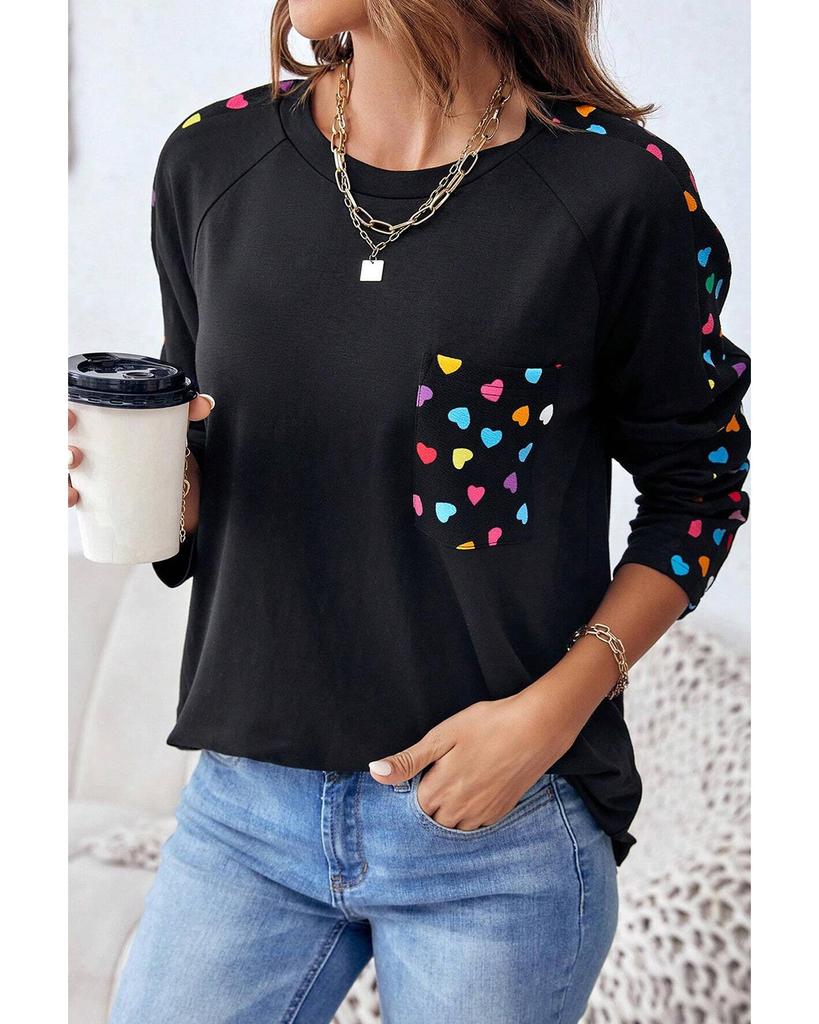 Azura Exchange Black Valentine\s Day Love Hearts Raglan Sleeve Top