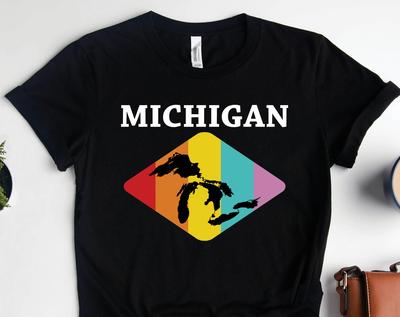 Michigan Great Lakes Retro Shirt, Michigan Art, State Map MI Shirt, Michigan Gifts