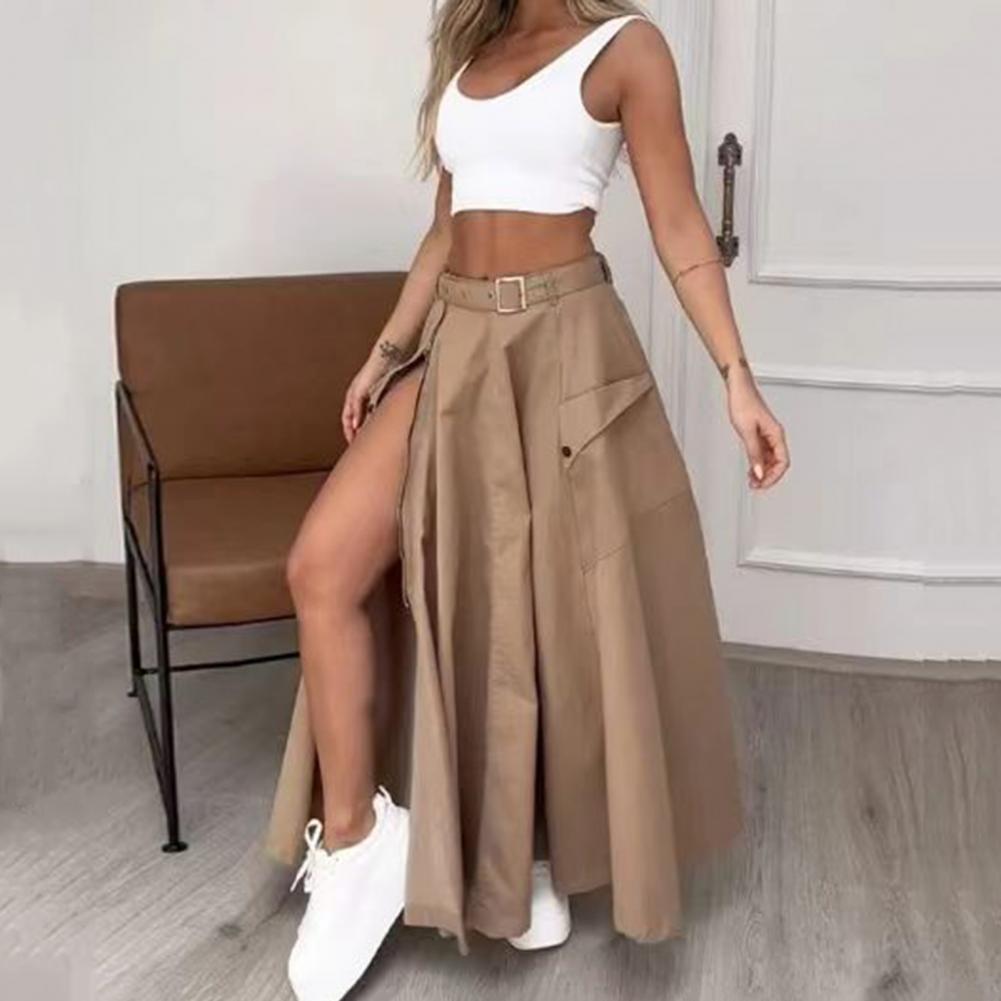 Women Round Neck Vest Elegant Women's Top Skirt Set with High Waist Split Maxi Skirt Sleeveless Crop Top Belt Solid Color