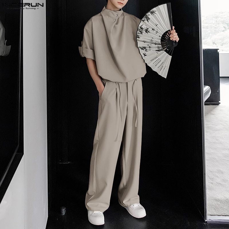 INCERUN Мужской костюм-двойка, рубашки с полурукавом и брюки с воротником-стойкой, повседневные свободные комплекты
