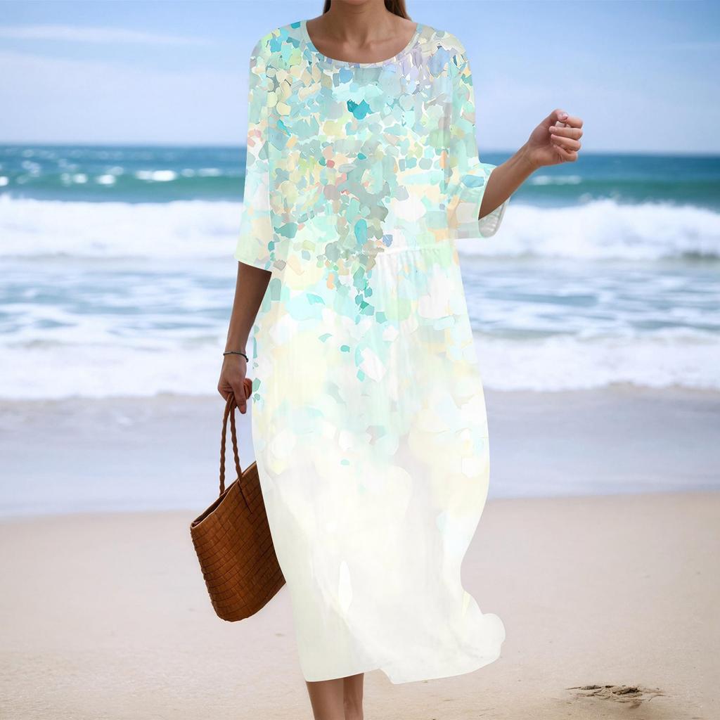 Женское модное платье свободного кроя с принтом, круглым вырезом и рукавом три четверти