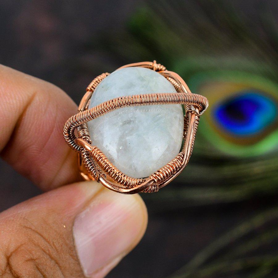 Радужный лунный камень ручной работы, украшение из медной проволоки, кольцо, размер 5 J7l56