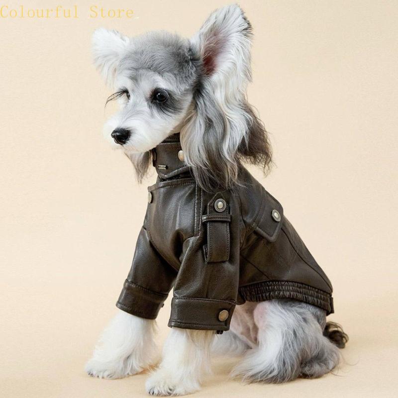 Small Dog Leather Jackets Motorcycles Styles Cyclists Coat with Metal Button Shoulder Belt Warm Fall Winter Pet Costume