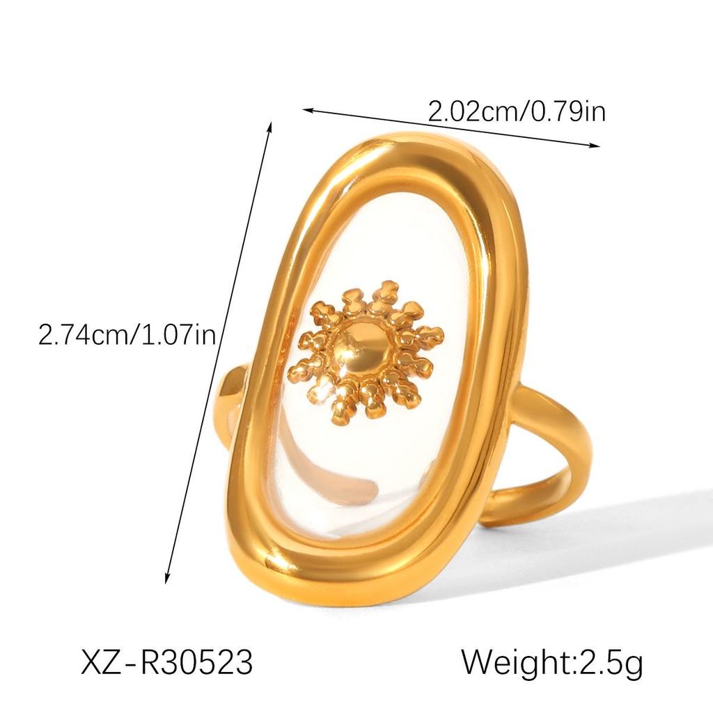 European-American Luxury Open Ring: 18k Gold-Plated Stainless Steel with Epoxy Sun Design for Women