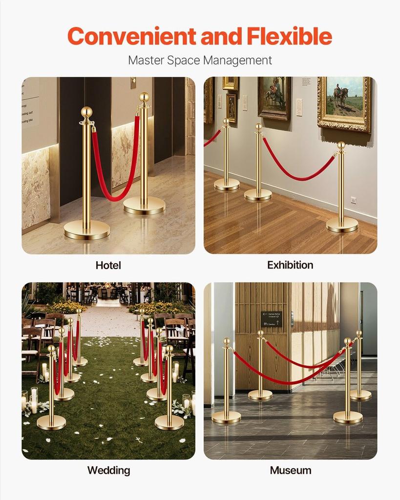 4 Pcs Gold Stanchion Post 2 Red Velvet Ropes Sand Injection Hollow Base