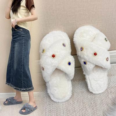 Милые Теплые Плюшевые Тапочки Женские Шлепанцы На Плоской Низкой Подошве Женская Обувь Блестящие Кристаллы Блеск Пушистые Меховые Тапочки Обувь