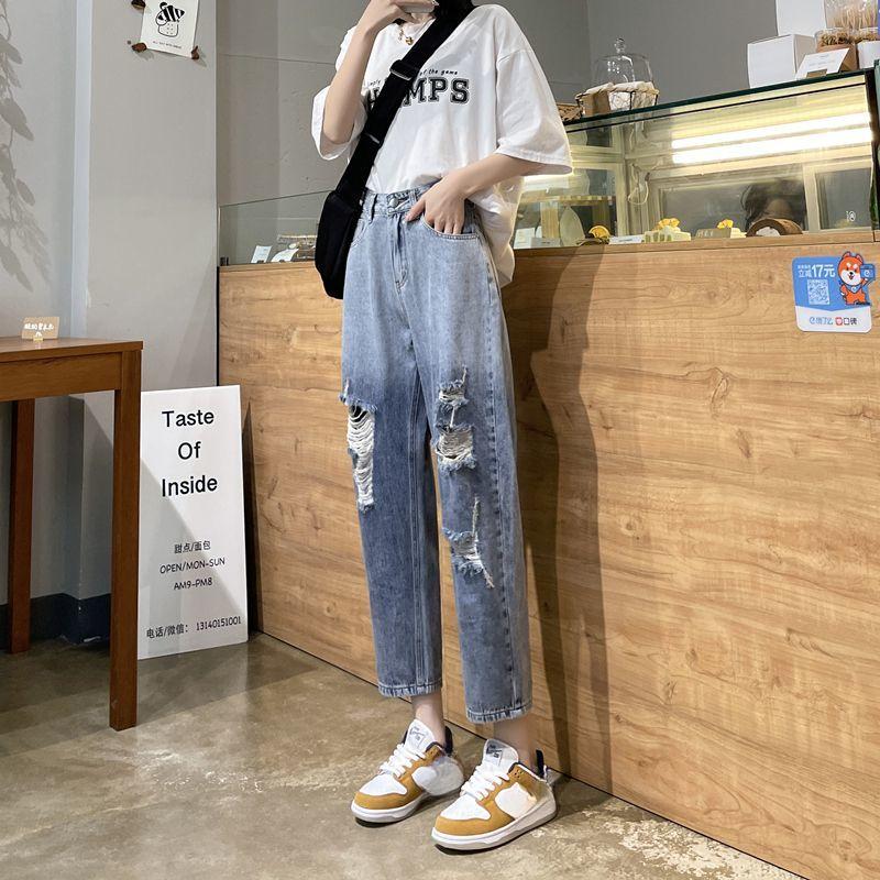 Новые джинсы с градиентной перфорацией и высокой талией, свободные брюки Харлан