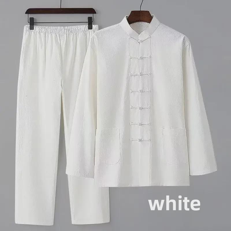 Мужской костюм Тан на весну и осень: Костюм из двух частей в китайском стиле из хлопка и льна с пуговицами