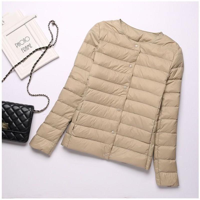 Белый утиный пух, легкий тонкий пуховик, женский круглый вырез, короткая секция, без воротника, осенне-зимняя теплая куртка большого размера с внутренней стороны