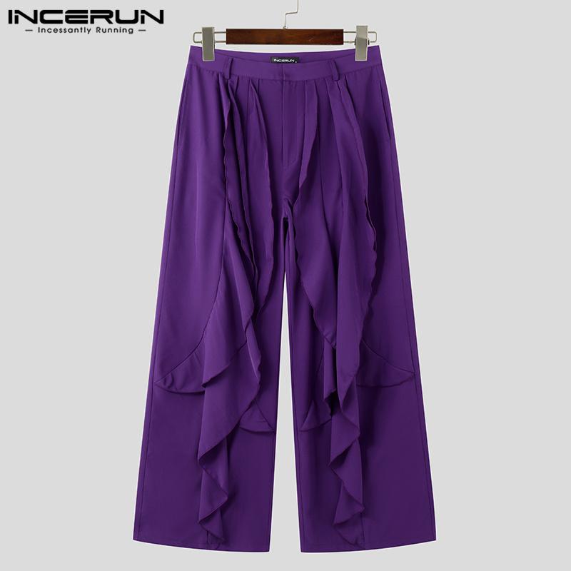 INCERUN Men High Waist Ruffled Layers Trousers Zipper Up Casual Long Pants