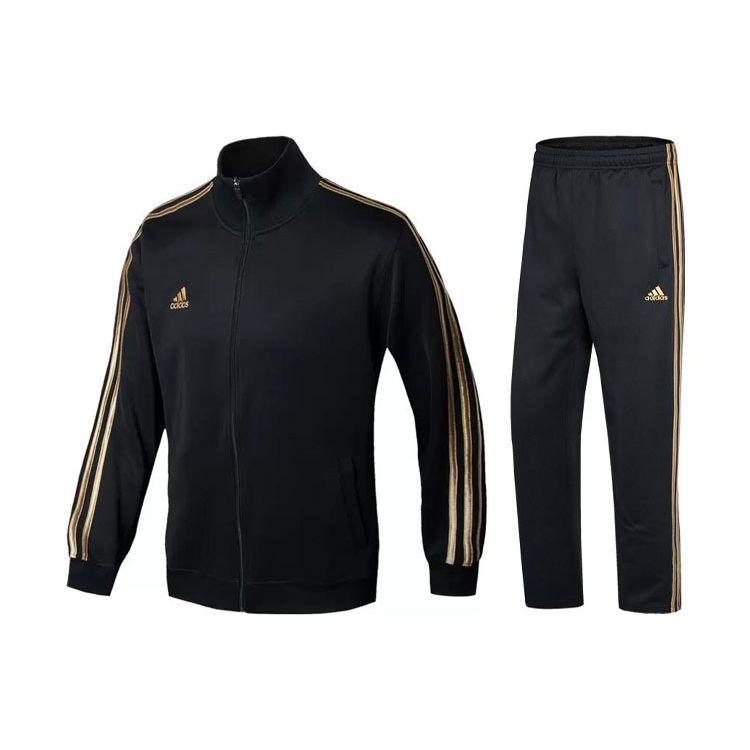 Adidas Куртка с тремя полосками, воротником-молнией и прямыми брюками, повседневный спортивный комплект для мужчин, цвет черный, золотой TR30J1-BG+TR30P-BG
