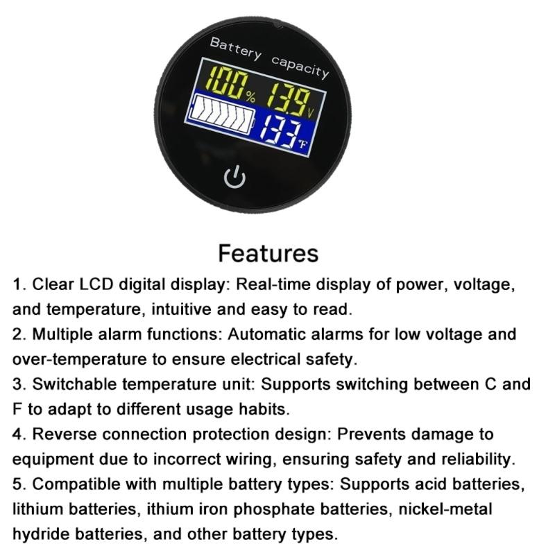 Круглый цифровой многофункциональный сенсорный переключатель LCD 10-100V Дисплей уровня заряда батареи с отображением температуры