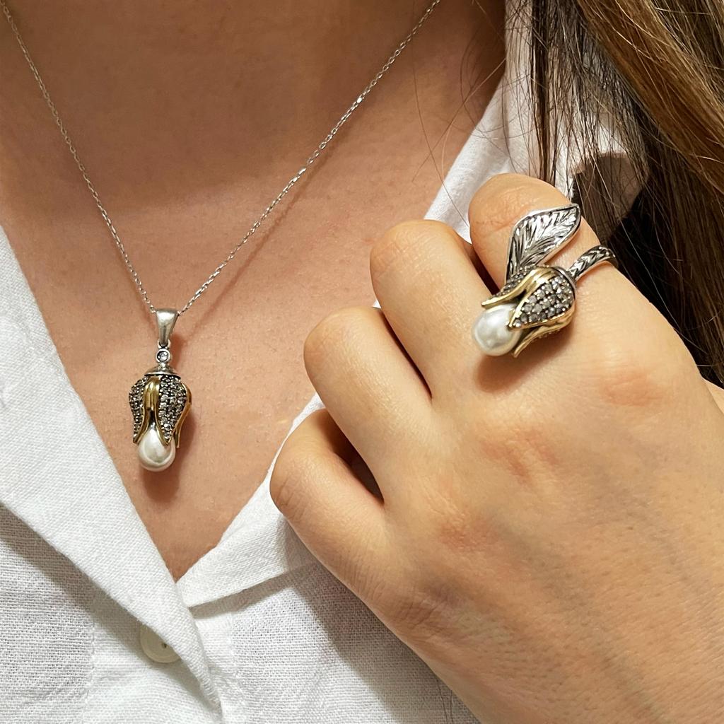 Серебряное кольцо с жемчужным тюльпаном, серебряное женское кольцо с аутентичным османским дизайном, винтажное серебряное кольцо с королевой, турецкое кольцо ручной работы