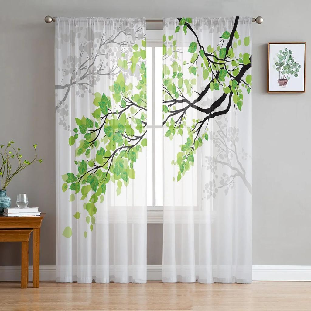Green Leaves Plant White Tulle Window Curtains Living Room Organza Yarn Sheer Voile Curtain Bedroom Kitchen Home Decor Drape