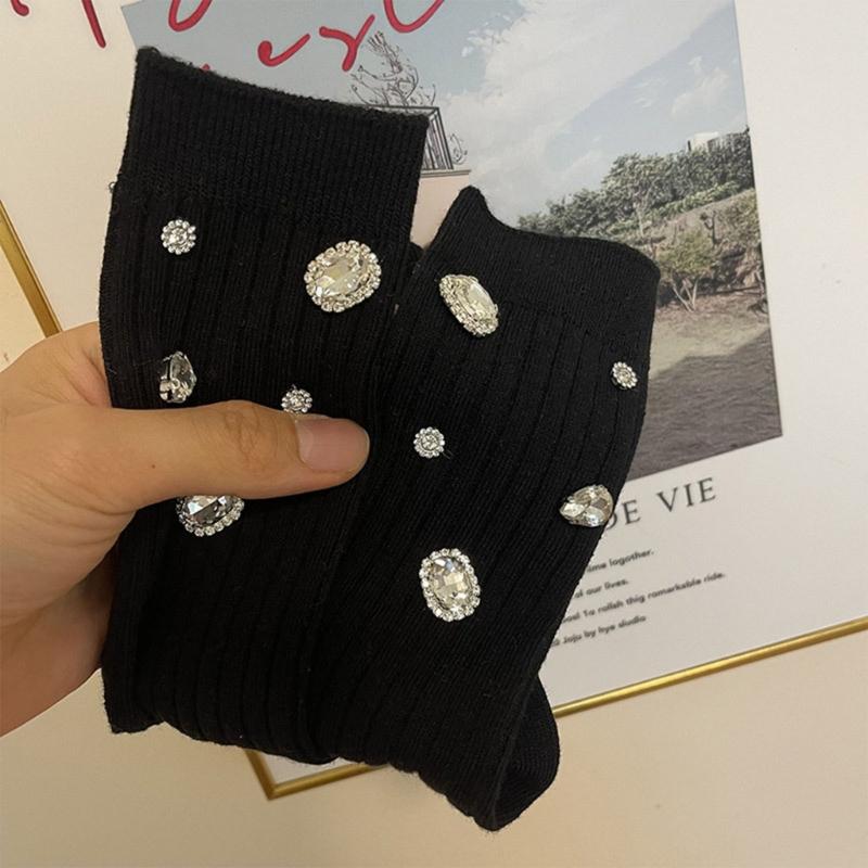 Womens Ribbed Crew Socks, Thin Comfort Breathable Rhinestone Socks, Above Ankle Crew Socks for Womens Schoold Girl