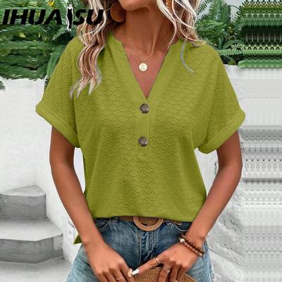 Весенне-летняя женская модная повседневная однотонная футболка с v-образным вырезом на пуговицах женская