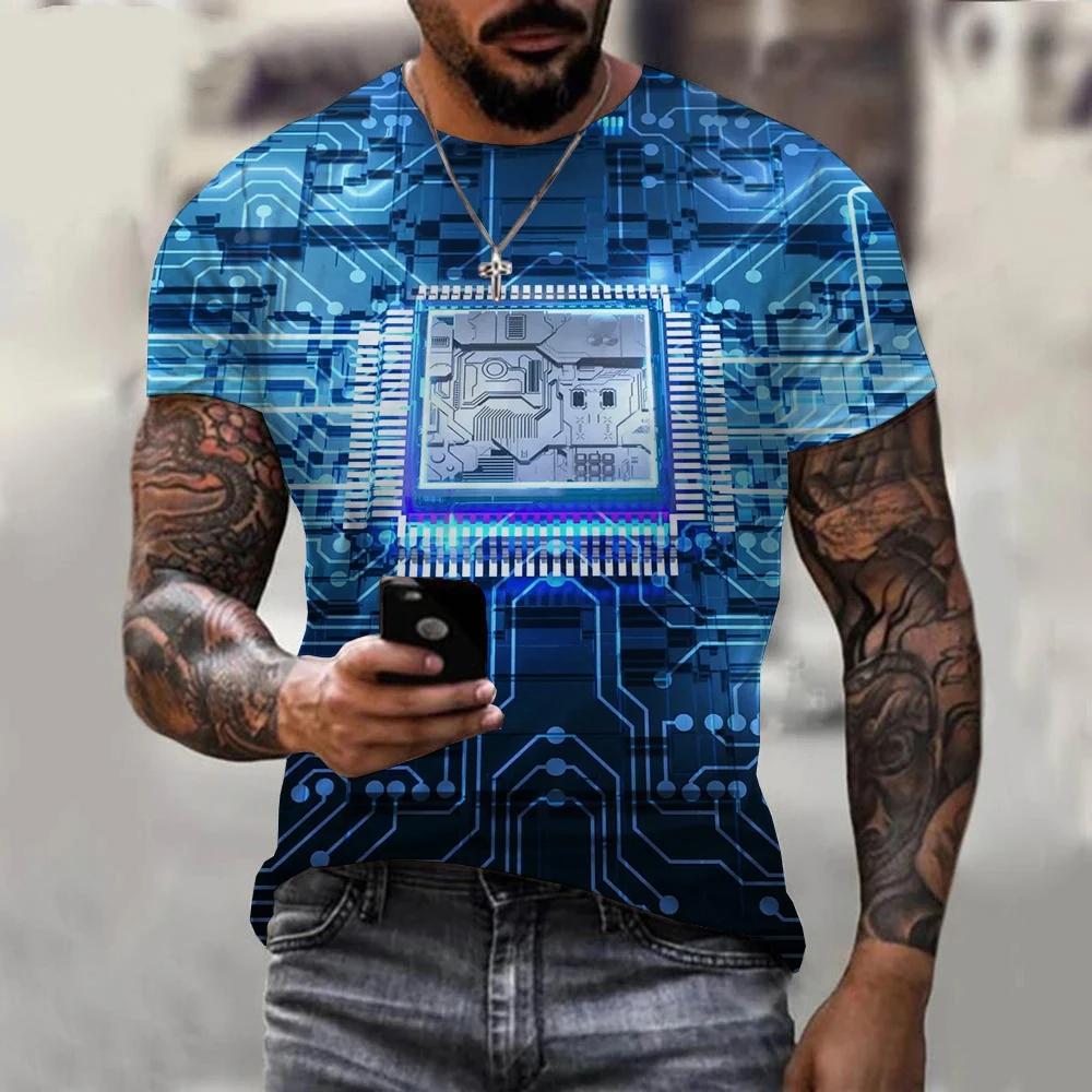 2024 Newest Circuit Board Pattern 3D Print Summer Men's T-shirt Creative Casual Electronic Chip Short Sleeve Harajuku Street Top