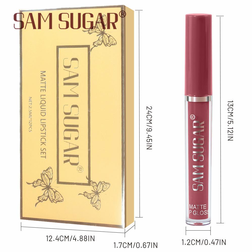 SAM SUGAR 12pcs Matte Liquid Lipstick Set Waterproof Long Lasting Non-Stick Cup Velvet Nude Red Lip Gloss Makeup Kit for Women Cosmetics