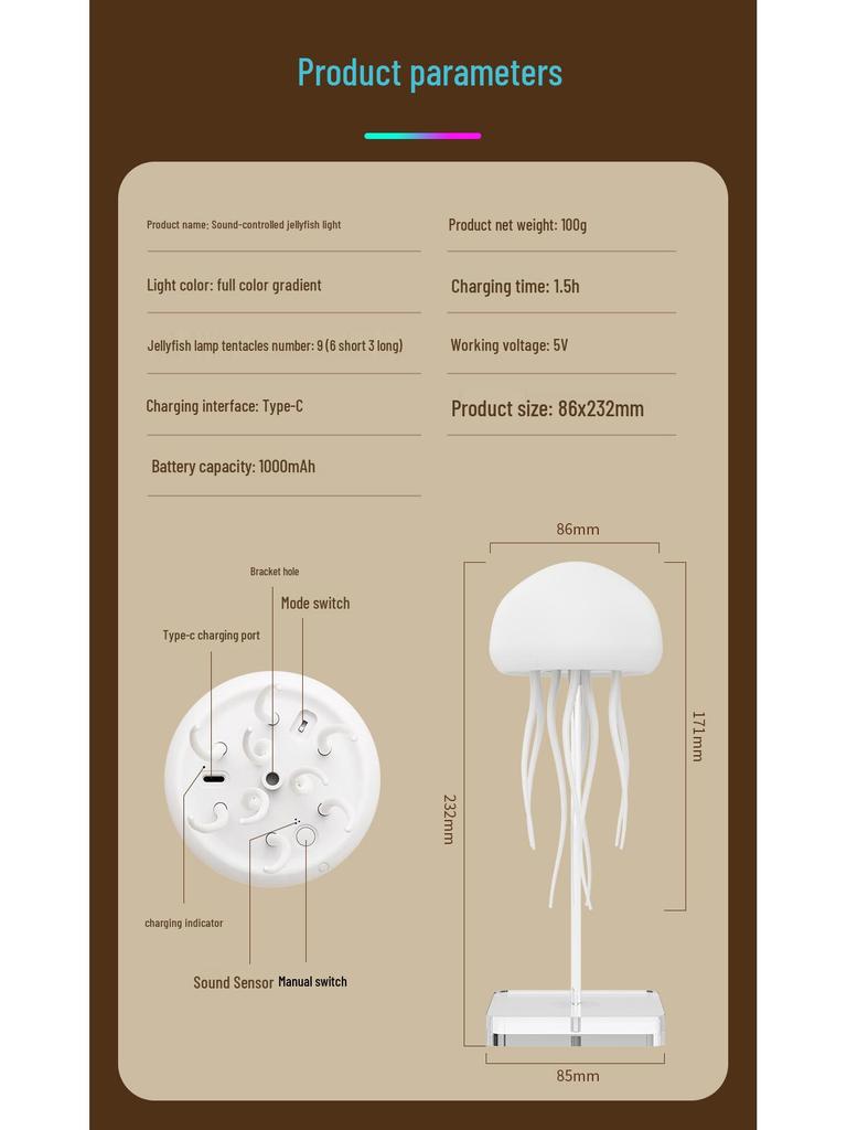 Smart Voice-Activated Jellyfish Light with Dynamic Tentacle Movement and Full-Color Gradient for Atmosphere