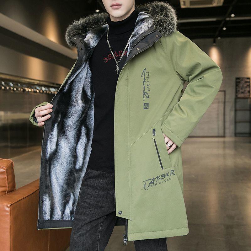 Мужская куртка средней длины с хлопковой подкладкой, плюшевый и утолщенный воротник из большой шерсти, преодолевающий тренд, красивая хлопковая подкладочная куртка с капюшоном для мужчин, зимняя