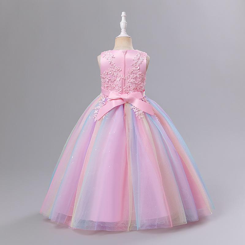 Girls Luxury Rainbow Tulle Lace Flower Bridesmaid Wedding Party Dresses Children Colorful Graduation Ceremony Costume