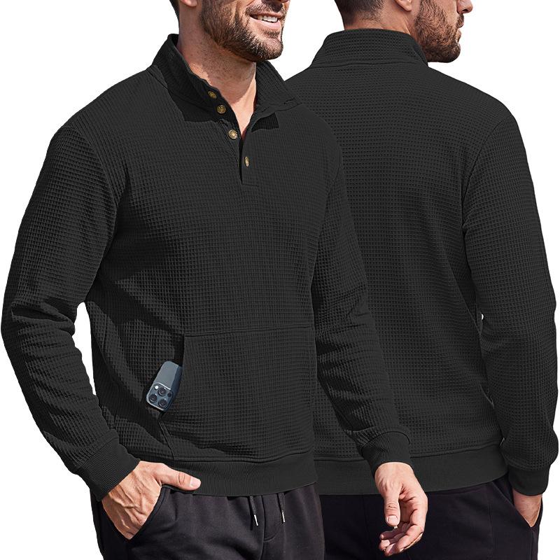 Men's Waffle Polo Shirt Long Sleeve Stand Collar 3D Pocket Outdoor Casual Sweatshirt