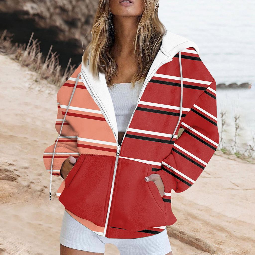 Женская толстовка с длинными рукавами в полоску с принтом пэчворк, карман на молнии, куртка с капюшоном
