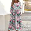 Women's Casual Round Neck Christmas Print Midi Dress Long Sleeve Pocket Dress