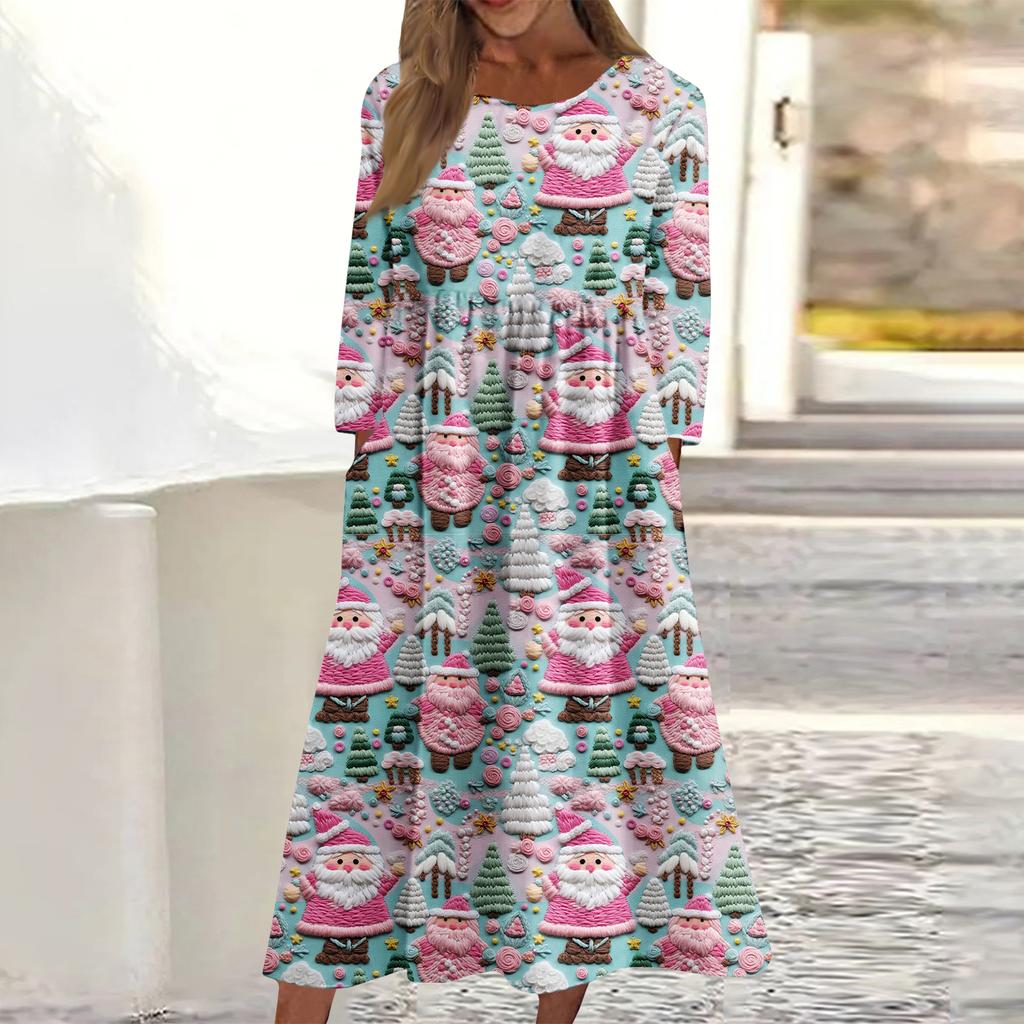Women's Casual Round Neck Christmas Print Midi Dress Long Sleeve Pocket Dress