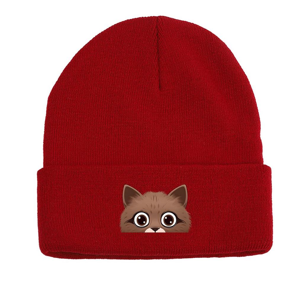 Peeping Cat Print Knitted Hat Beanie, Animal Woman Cap Lightweight Cancer Chemo Trendy Pompom Beanies Knit Cap Beanie